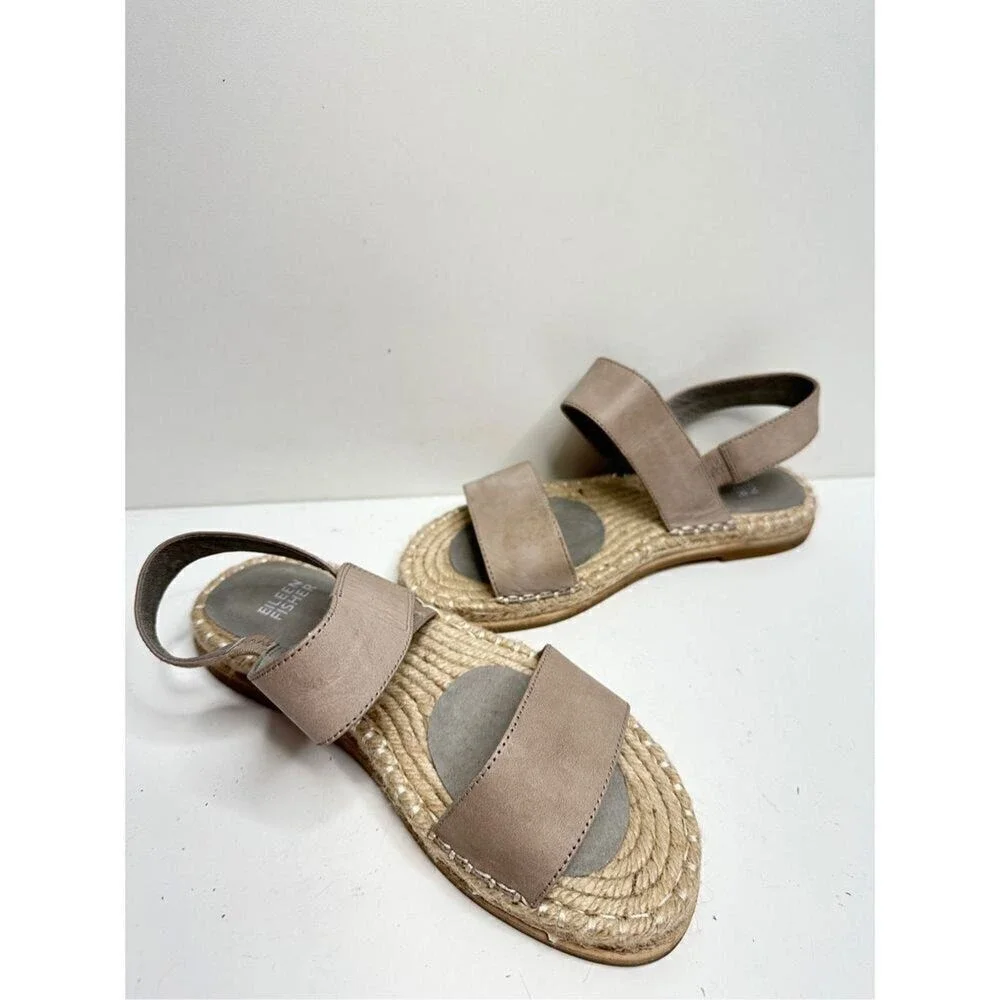 Eileen Fisher Taupe Leather Espadrille Flat‎ Sandals Size 6 Open Toe